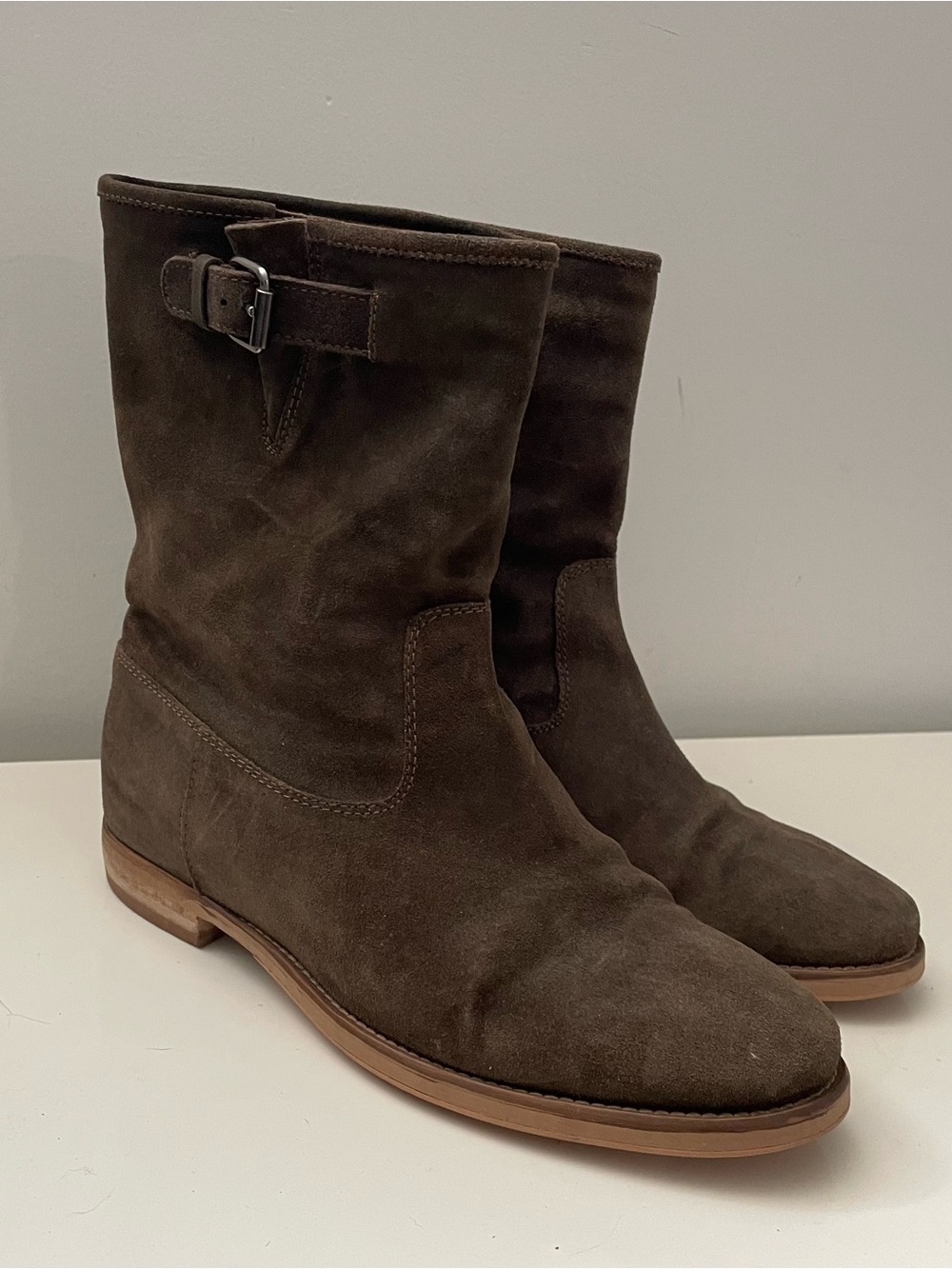 J Crew Suede Leather Mid Calf Boots Side Buckle Brown Size 10